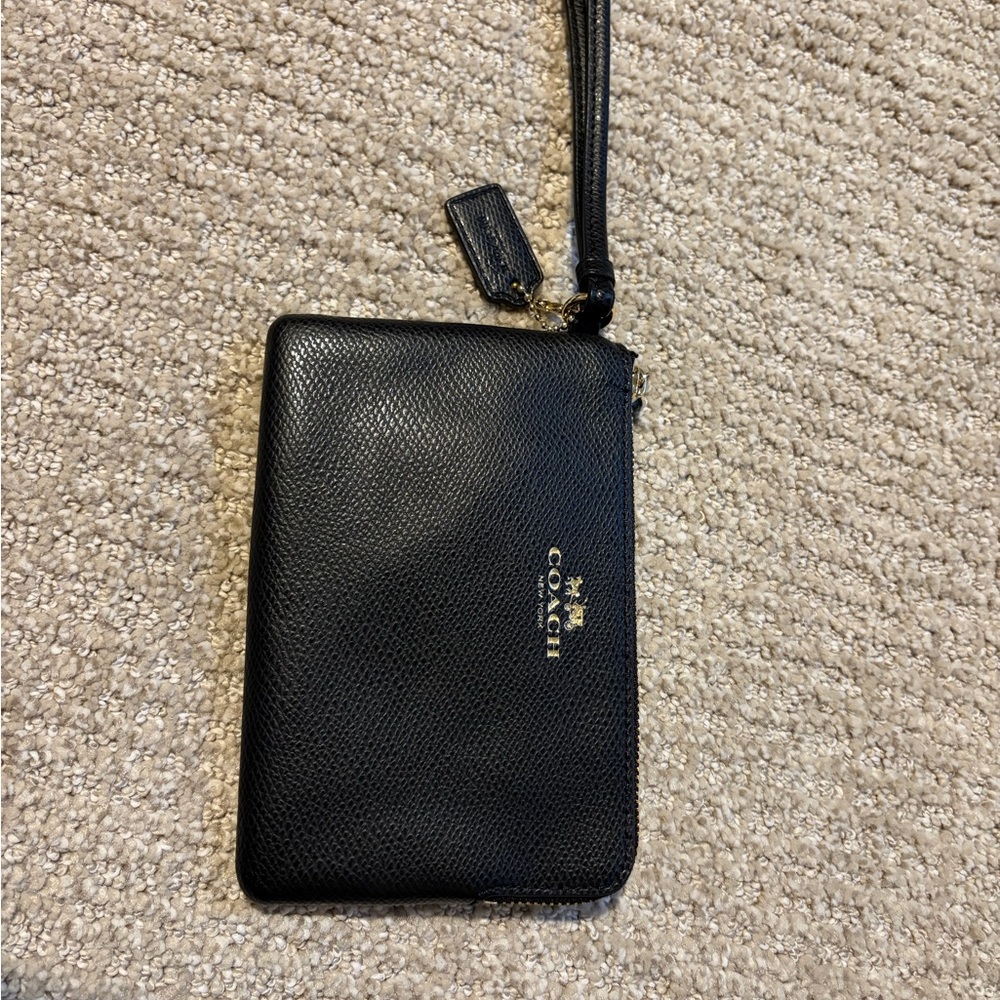 Coach Black Pebbled Leather Wristlet with Gold Hardware